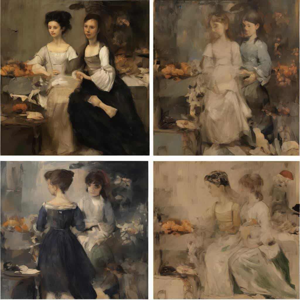 ανδρικές και γυναικείες μορφές σε κλασικά έργα τέχνης, διαφορετικά θέματα και στιλ ζωγραφικής.