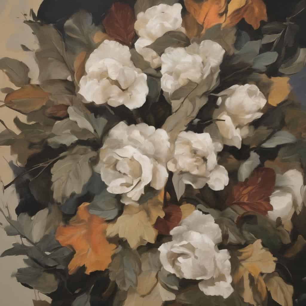Λουλούδια σε ζωγραφική σύνθεση με λευκά και γήινα χρώματα, εστίαση στην τέχνη και την εξέλιξη των έργων τέχνης.
