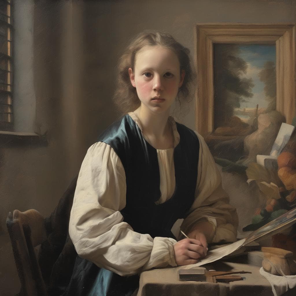 Η νεαρή κοπέλα σε δημιουργικό περιβάλλον ζωγραφικής, αναδεικνύοντας την τέχνη και την ιστορία της ζωγραφικής.